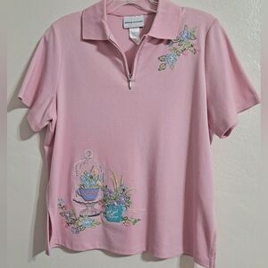 Alfred Dunner Pink Embroidered Floral Collared Top Oversized Small EUC